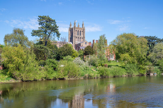Hereford Cathedral viewed across the River Wye on Easter Sunday, Hereford, Herefordshire, England UK
