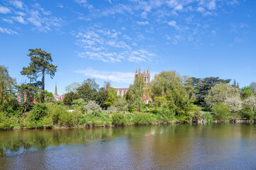 Hereford Cathedral viewed across the River Wye on Easter Sunday, Hereford, Herefordshire, England UK