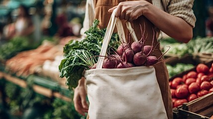 Woman holding an eco friendly fabric bag filled with freshly harvested beets and leafy greens, shopping for healthy produce at a vibrant farmers market promoting sustainable lifestyle choices