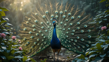 Portrait of Peacock standing in the woods with rainy weather