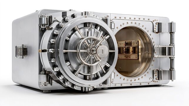 Bank vault with its heavy door ajar, revealing a stack of cryptocurrency hardware wallets inside, symbolizing modern digital security, finance, and wealth storage