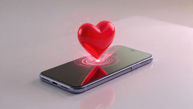 A glossy red heart floats above a smartphone, with glowing rings, representing digital love, dating apps, online connection, and mobile affection.