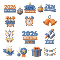 Festive 2026 New Year Cartoon Icons Set for Celebrations
