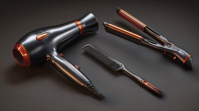 Hair dryer, straightener, and comb representing professional salon equipment and personal grooming essentials for beauty treatments and daily styling on a dark background