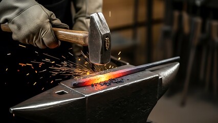 Blacksmith Hammering Hot Metal on Anvil in Workshop with Sparks Flying
