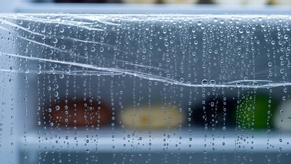Water droplets on food wrap in refrigerator background with blurred food items