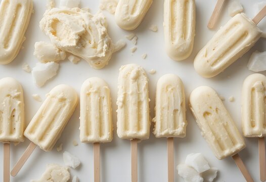 Refreshing creamy coconut popsicles and chunks scattered on a pristine white background, perfect summer treat food. banana nice cream