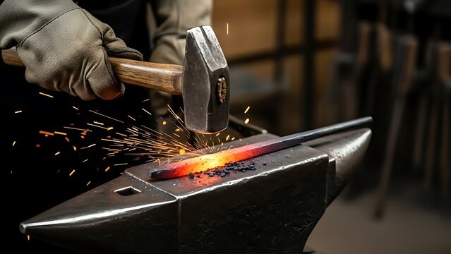 Blacksmith Hammering Hot Metal on Anvil in Workshop with Sparks Flying - Powered by Adobe
