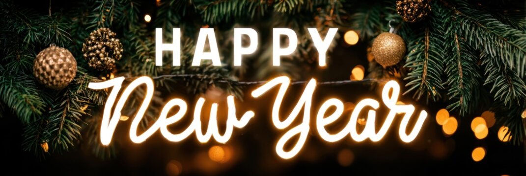 Happy new year neon sign with festive christmas tree decorations and bokeh lights