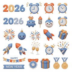 New Year 2026 celebration elements in pastel colors on white background