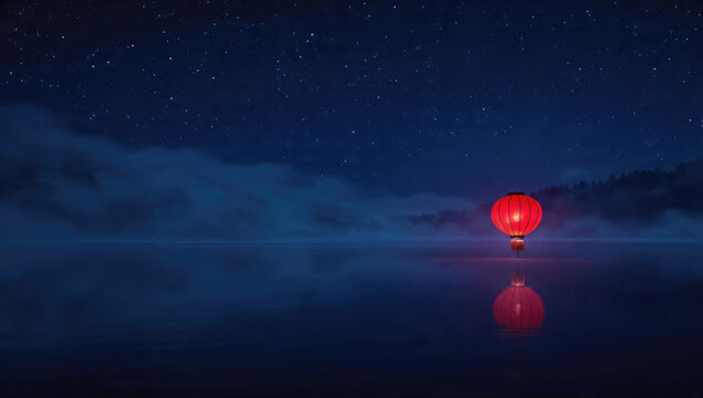 A vibrant red lantern floats on calm dark water, reflecting beneath a dazzling star-filled night sky with distant mist.