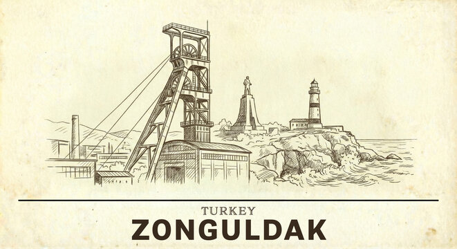 Zonguldak City Skyline Vintage Line Art Sketch - Coal Mine Monument