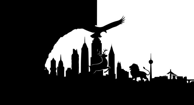 Dynamic silhouette cityscape with eagle, deer, lion: A striking modern design for urban brands, showcasing power, nature, and city life integration