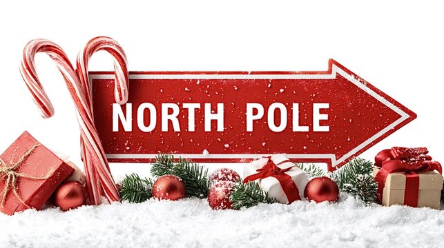 Red arrow sign pointing to the north pole, adorned with festive candy canes, christmas ornaments, and wrapped presents resting in fluffy white snow against a clean white background - Powered by Adobe