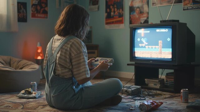 young woman sitting on the floor in her retro-decorated bedroom, playing a classic side-scrolling video game with a wired controller on a vintage CRT television, evoking 80s/90s nostalgia 