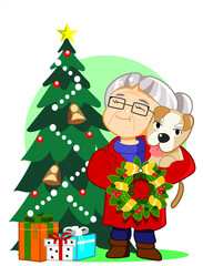 CIMAHI, INDONESIA-November 29, 2025-An elderly woman with gray hair and glasses holding a dog and a christmas wreath, standing in front of a decorated christmas tree. Vector graphic design cartoon