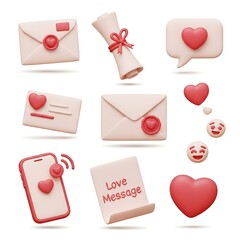 Romantic messages and notifications in 3D render for Valentines Day concept