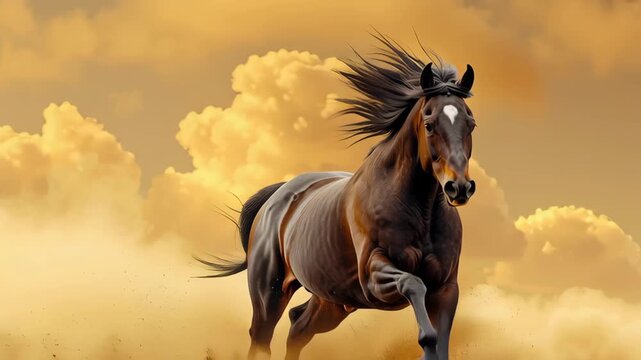 Wild horse brown stallion running dust golden field at sunset, chestnut mare and equine herd gallop with power, speed, energy, motion across prairie