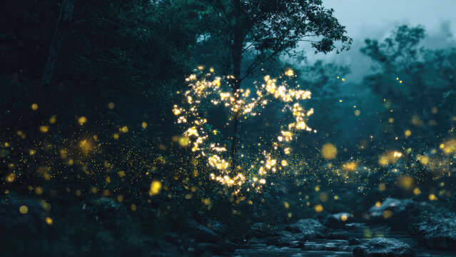 A magical forest at twilight, filled with glowing fireflies forming a radiant heart shape, evoking romance and wonder.