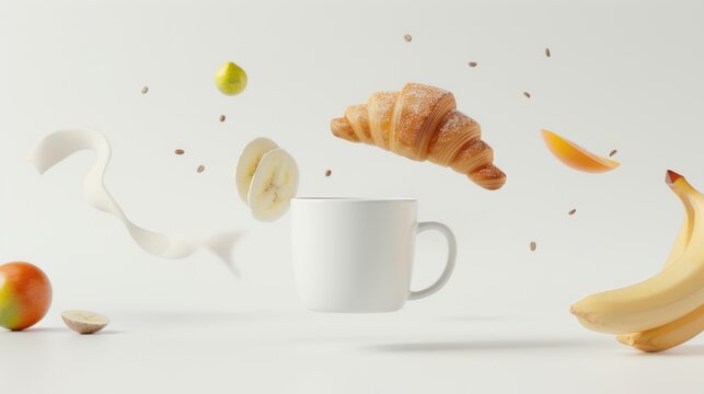 Floating coffee mug surrounded by croissant, fruits, and breakfast elements, creating a whimsical Christmas morning breakfast scene with vibrant colors and delightful ambiance