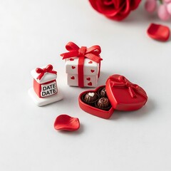 Valentine themed gift boxes with sweets and a rose on white surface