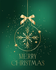 Illustration of a golden New Year's ball with stars on a dark green background.