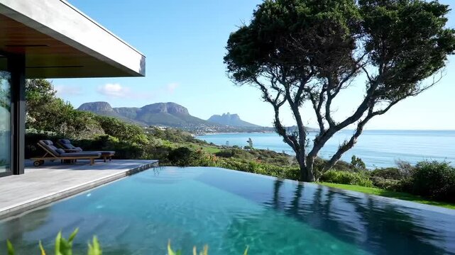 Luxury waterfront home with infinity pool overlooking scenic ocean landscape