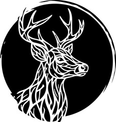 Fototapeta premium Elegant deer head with majestic antlers in striking black and white, suitable for logo, emblem, or nature-themed design. Vector art with a clean style