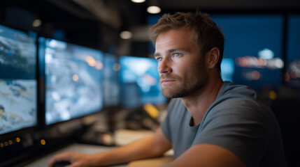 A dispatch manager reviewing a dashboard of vehicle maintenance alerts, scheduling repairs while coordinating ongoing routes — fleet health monitoring, proactive maintenance planning, and