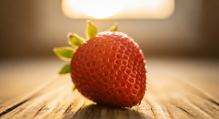Close-up of a Fresh Strawberry on a Wooden Surface.