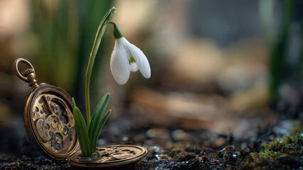 A beautiful snowdrop with dew drops emerges from an intricate antique pocket watch, symbolizing nature's enduring cycle and the timeless beauty of growth.