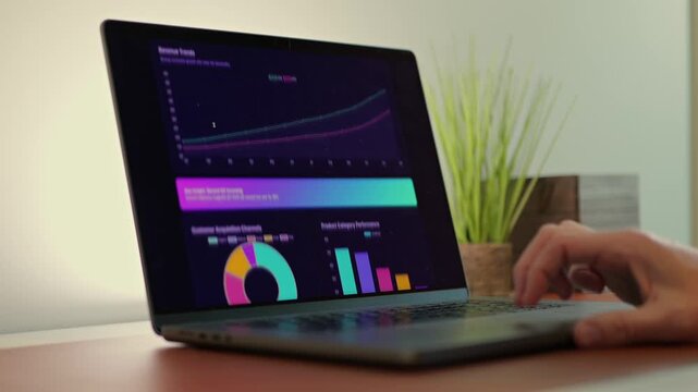 Business professional analyzing colorful sales funnel, ROI, inventory dashboards on laptop - Perfect for SaaS, analytics, fintech, data themes