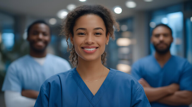A multicultural team of healthcare workers standing in a hospital corridor, diverse faces united by mission, symbolizing global medical collaboration and inclusive patient care. cinematic color - Powered by Adobe