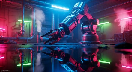 Cybernetic Guardian in Neon-Lit Industrial Setting - Futuristic Robot Art.