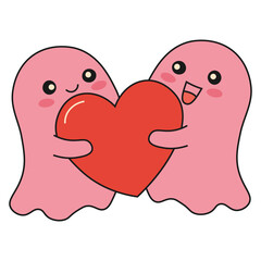 Two cute ghosts with a red heart.
