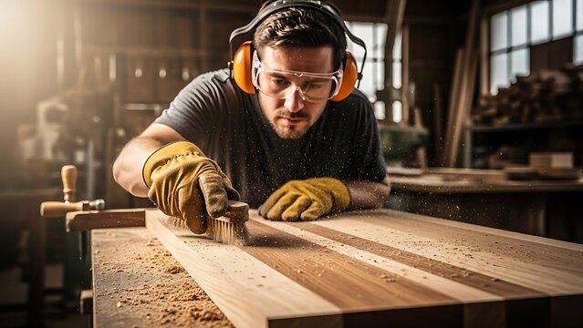 Woodworker Man Sanding Wooden Plank in Workshop with Safety Gear