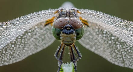 Dragonfly covered in morning dew, close-up macro shot.