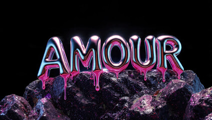 AMOUR" in shiny chrome letters, reflecting vibrant pink and blue neon, dripping molten liquid onto dark, crystalline rocks against a stark transparent background.