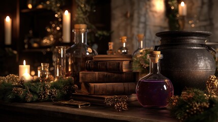 Medieval alchemists workshop decorated for Christmas, glowing potions used as ornaments