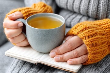Female hands holding warm tea in cozy sweater sleeves on open notebook