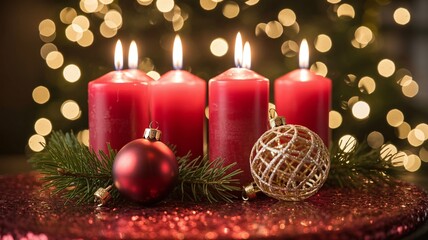 Four traditional red Advent pillar candles burning brightly with festive ornaments on a sparkling sequin base against a glowing bokeh background.