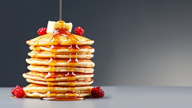 Perfectly stacked tower of fluffy pancakes drizzled with rich maple syrup and topped with butter, showcasing a delicious breakfast treat ideal for festive celebrations