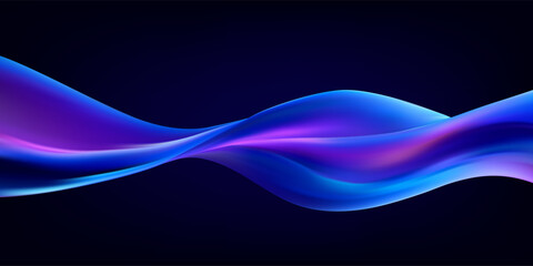 Blue abstract fluid ribbon on black background with smooth holographic wave and dynamic flowing motion.