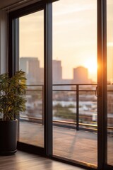 Fototapeta premium Balcony view at sunset with plant and cityscape.