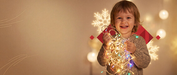 Joyful Youngster Illuminated by Festive Lights: A cheerful child, radiating pure happiness, is embraced by the warm glow of decorative string lights, their face alight with wonder. Christmas banner 