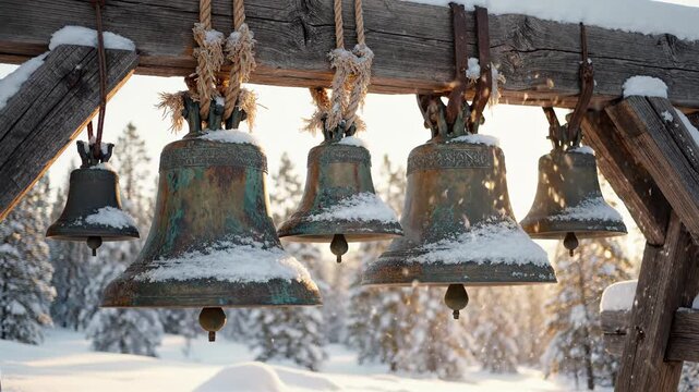 Five antique bronze bells hanging from wooden structure with snow, winter landscape.