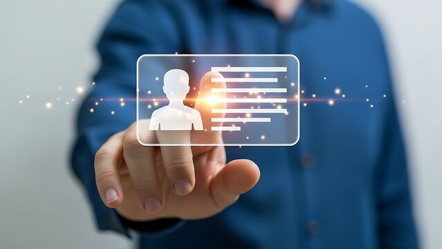 Person Touching Transparent Profile Icon with Glowing Particles