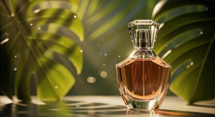 Elegant Perfume Bottle Amidst Lush Tropical Foliage.