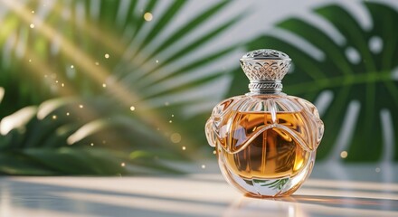 Elegant Perfume Bottle with Tropical Backdrop and Golden Light.
