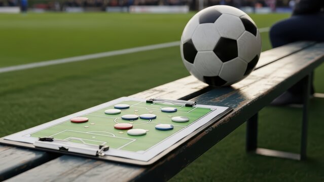 Soccer strategy plan on bench with ball in sports field